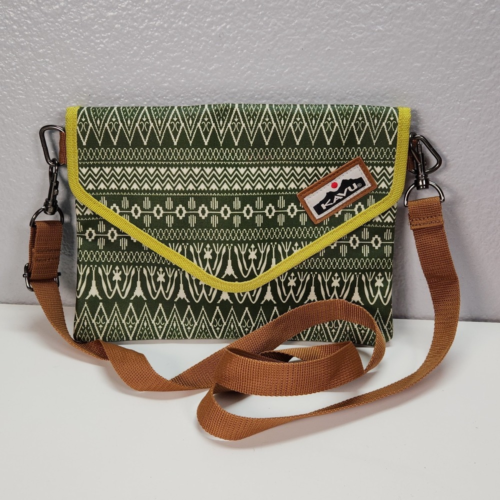 KAVU Green Brown Geometric Canvas Crossbody Bag Outdoor Casual Pockets